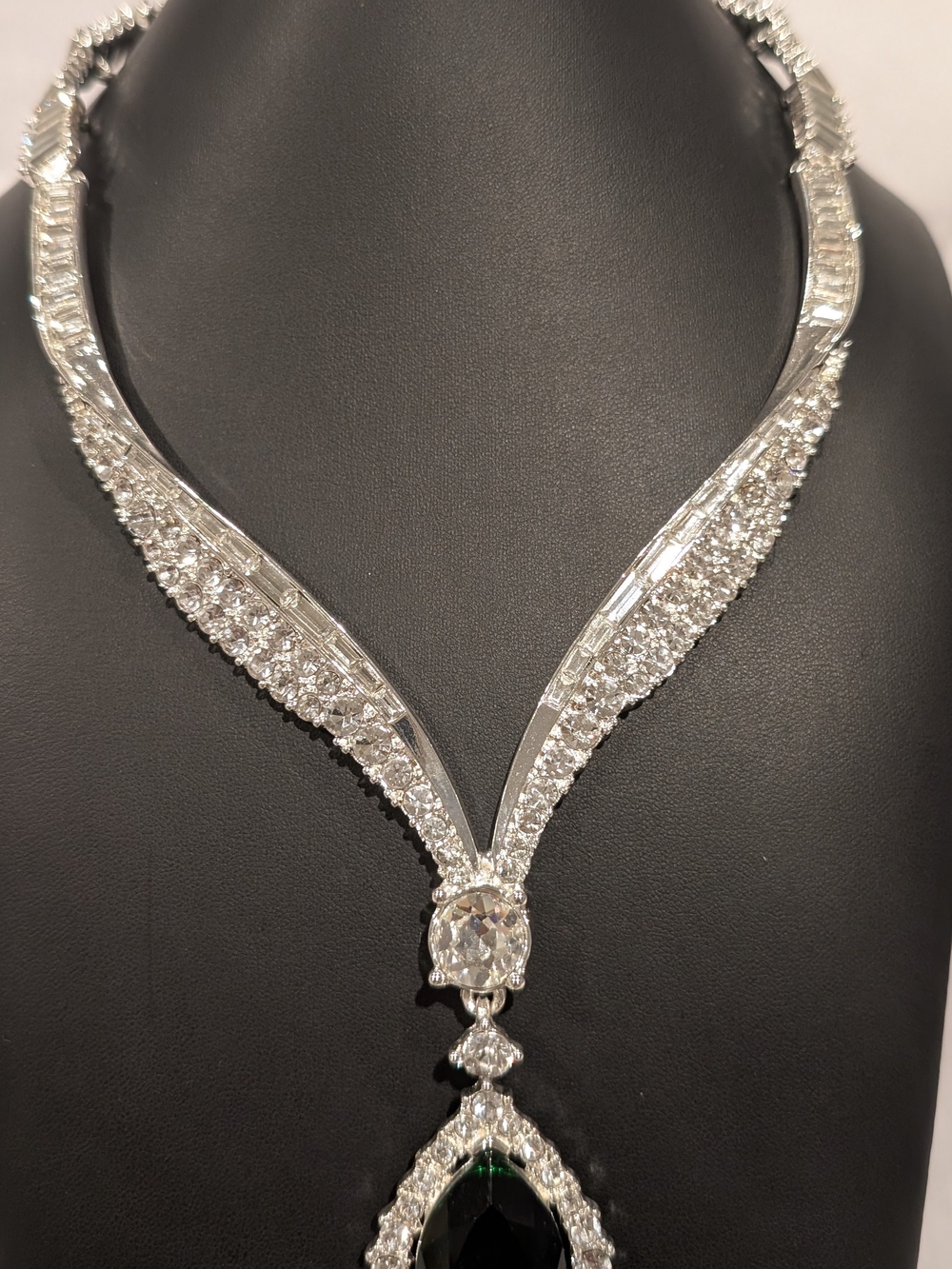 Crystal-Accented Silver Necklace with Dark Green Teardrop Pendant